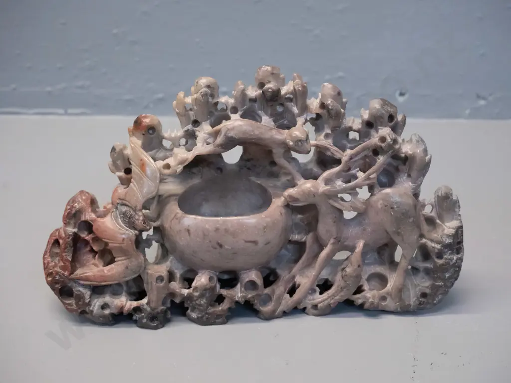 Chinese soapstone carving scene including animals and birds H-120 W-200 Image 1++