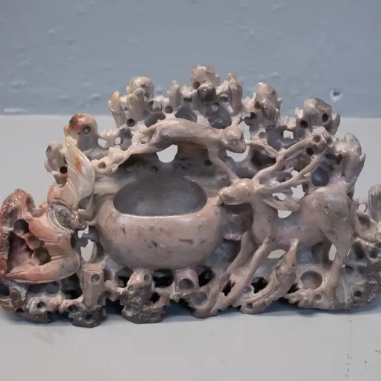 Chinese soapstone carving scene including animals and birds H-120 W-200
