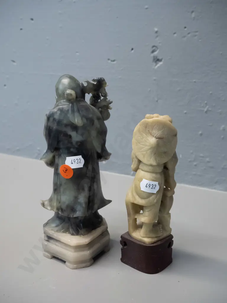 3 Chinese carved soapstone figures - reclining figure has chips, tallest is H-190 Image 1++