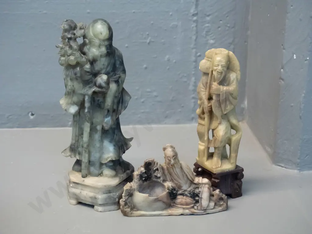 3 Chinese carved soapstone figures - reclining figure has chips, tallest is H-190 Image 1++