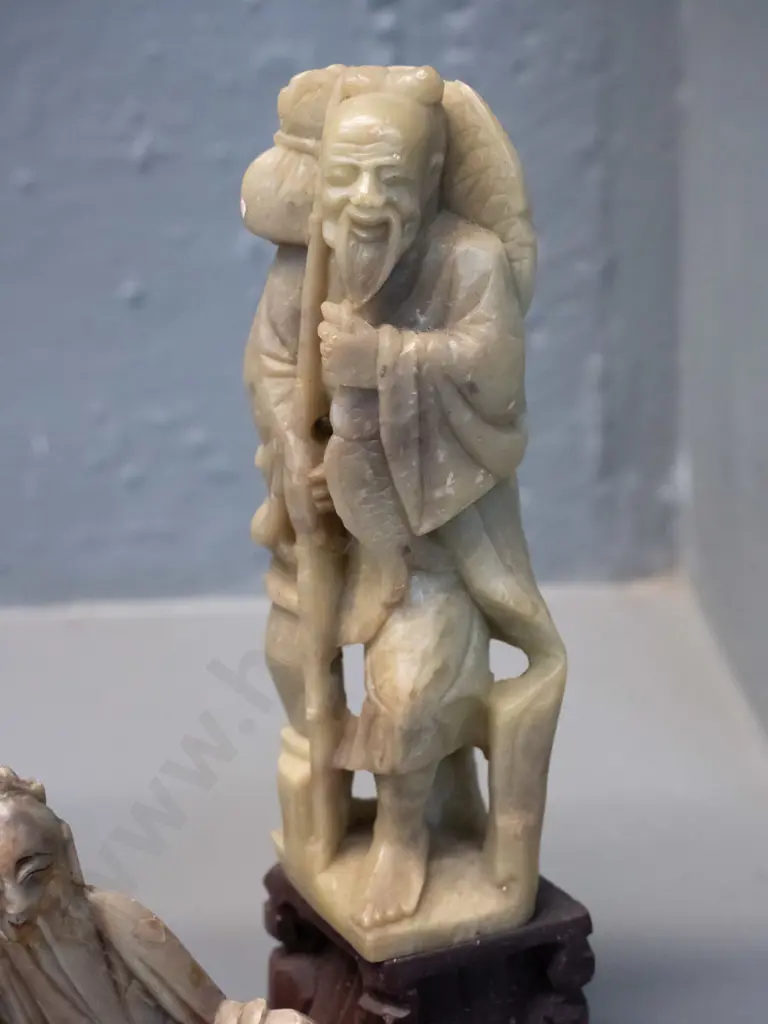 3 Chinese carved soapstone figures - reclining figure has chips, tallest is H-190 Image 1++