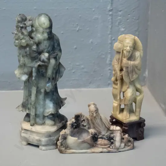 3 Chinese carved soapstone figures - reclining figure has chips, tallest is H-190
