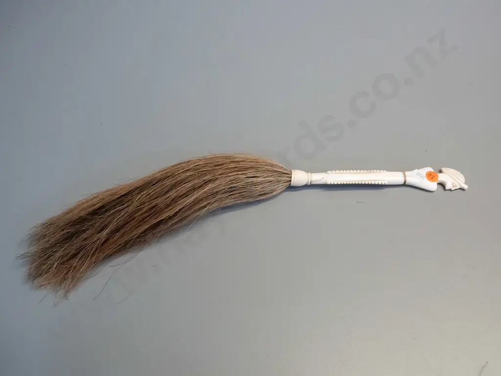 carved bone and horse hair fly whisk - some damage to handle. Overall L-420, handle is L-190 Image 1++