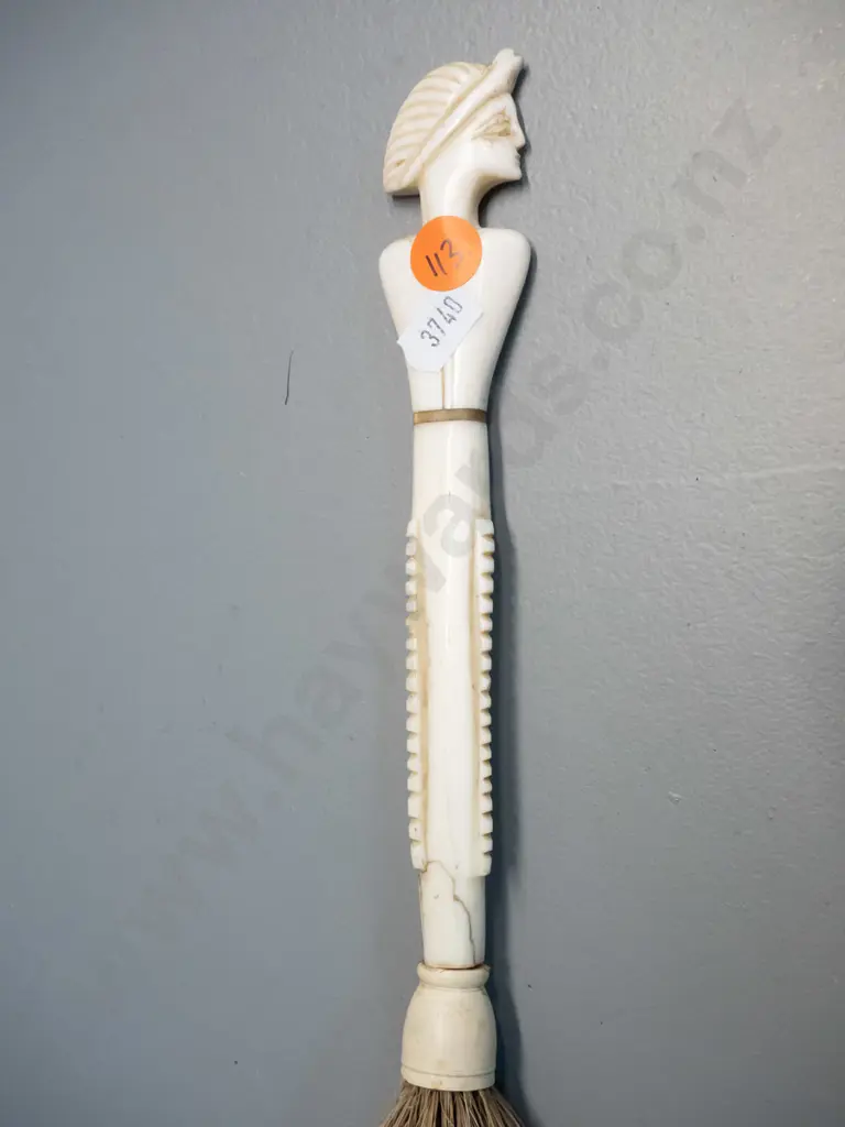 carved bone and horse hair fly whisk - some damage to handle. Overall L-420, handle is L-190 Image 1++