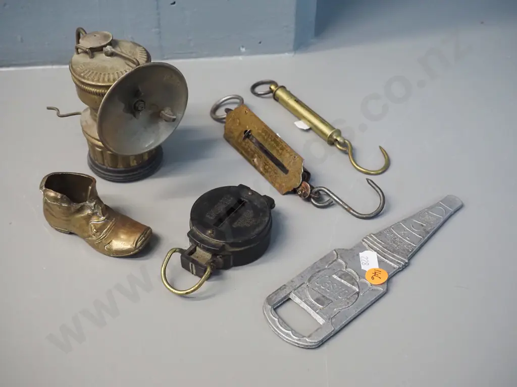 small brass Springfield USA miner's lamp, "Engineer" compass, Castrol bottle opener, brass booth with mouse, Salter Image 1++