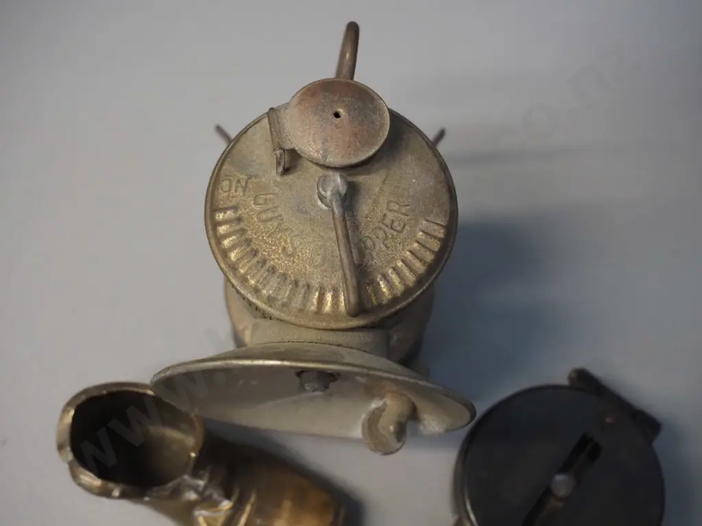 small brass Springfield USA miner's lamp, "Engineer" compass, Castrol bottle opener, brass booth with mouse, Salter Image 1++