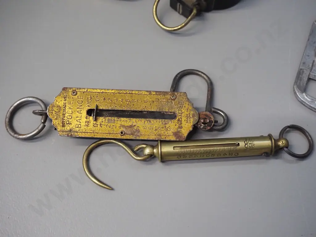 small brass Springfield USA miner's lamp, "Engineer" compass, Castrol bottle opener, brass booth with mouse, Salter Image 1++