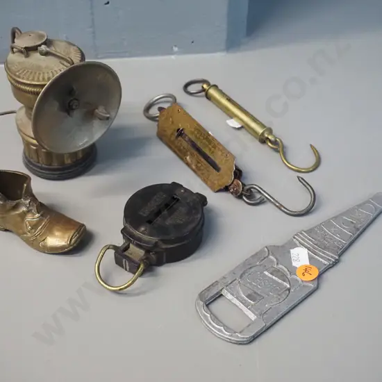 small brass Springfield USA miner's lamp, "Engineer" compass, Castrol bottle opener, brass booth with mouse, Salter