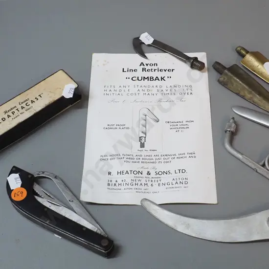 assorted fishing items - Cumbak line retriever, combination folding knife, boxed Horton Evans Adaptacast, etc.
