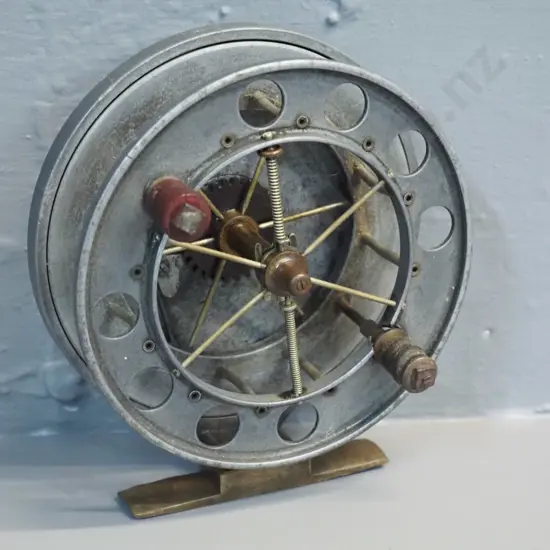 aluminium & brass aerial fishing reel marked Allcocks Redditch 4 1/2 inch - one timber knob missing - diameter 120
