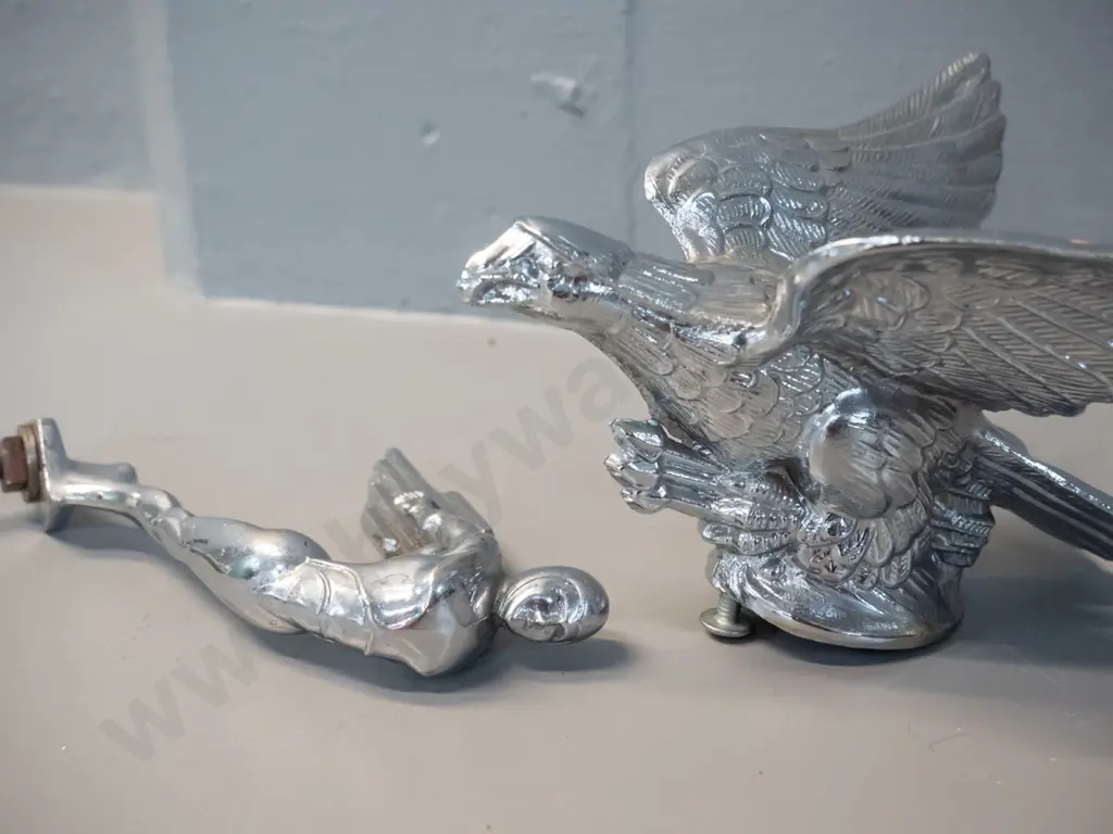 2 car mascots - one figural, one eagle holding arrows in talons H-90 W-160 Image 1++