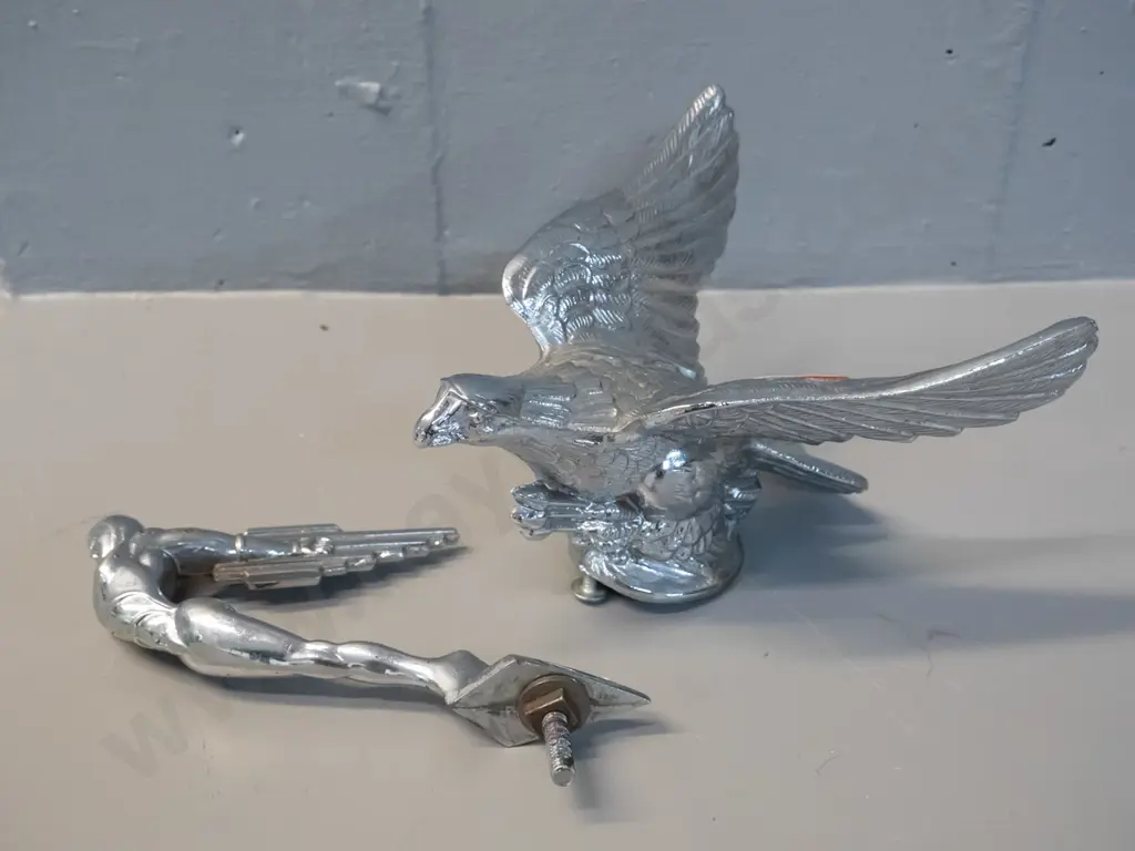 2 car mascots - one figural, one eagle holding arrows in talons H-90 W-160 Image 1++