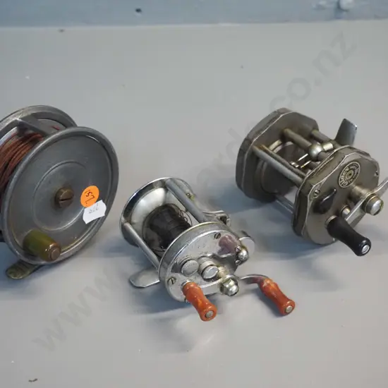 3 fishing reels - JW Young England "Gildex", Pflueger Akron USA, and aluminium marked ALN British Made D-85