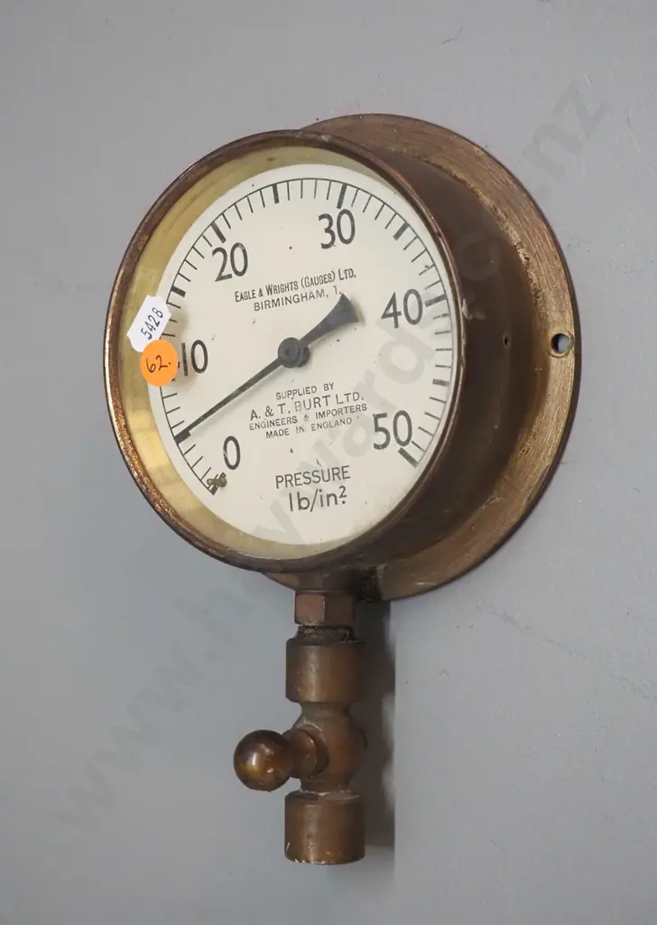 brass cased pressure gauge - marked Eagle & Wrights Gauges Ltd. and A& T Burt H-220 dial D-125 Image 1++
