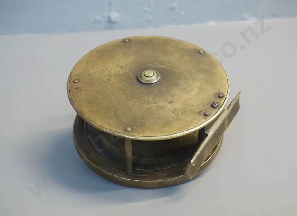 brass fishing reel with (bone?) knob, marked Chas Farlow 191 Strand London, circa 1880 according to note D-115 Image 1++
