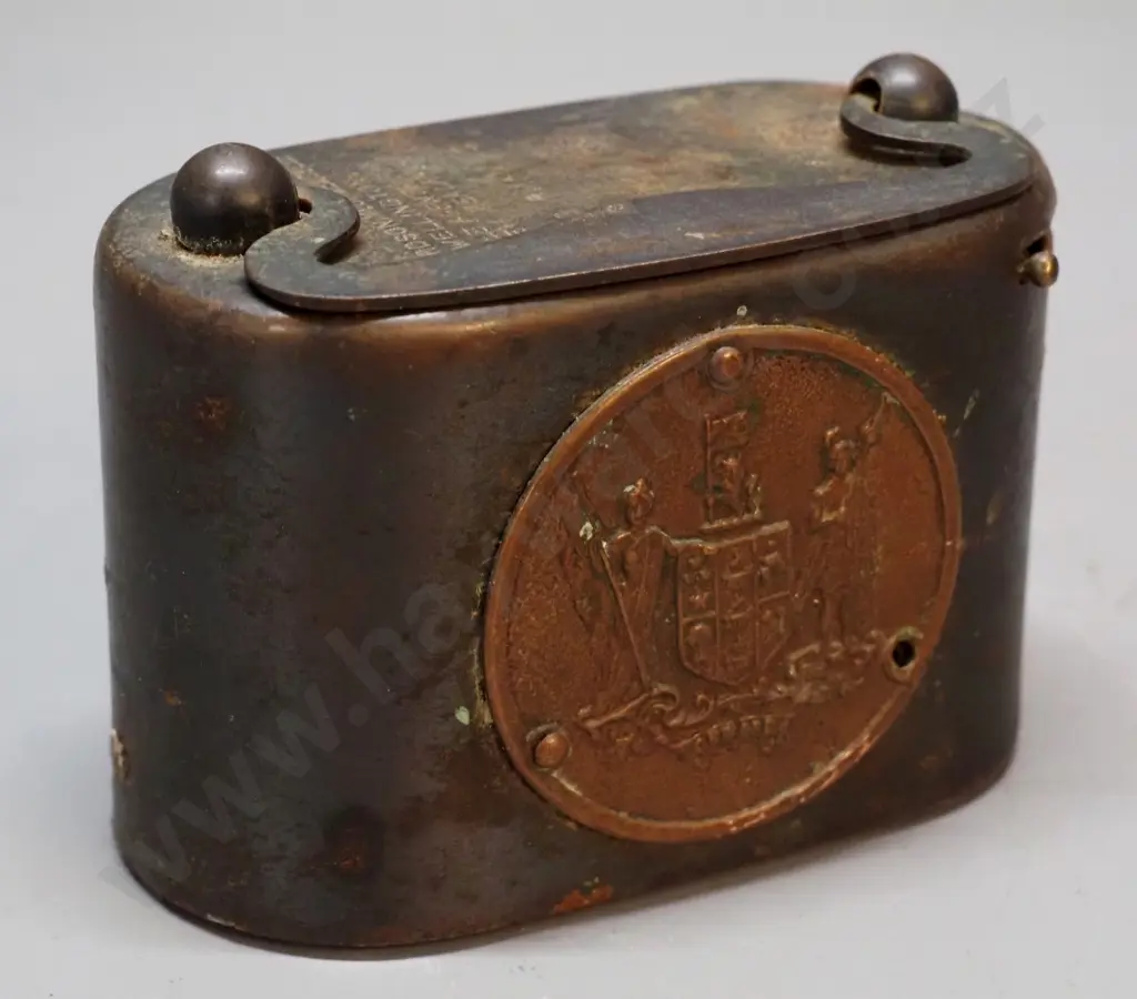 small mixed metal NZ Post Office Savings Bank money box - marked Richardson McCabe Wellington / Burman Ltd Image 1++