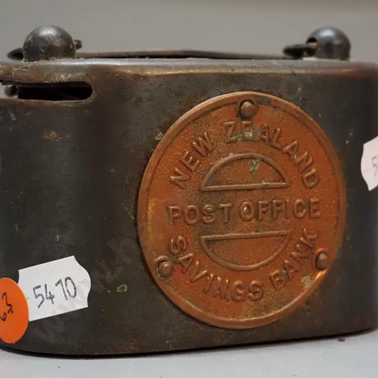 small mixed metal NZ Post Office Savings Bank money box - marked Richardson McCabe Wellington / Burman Ltd