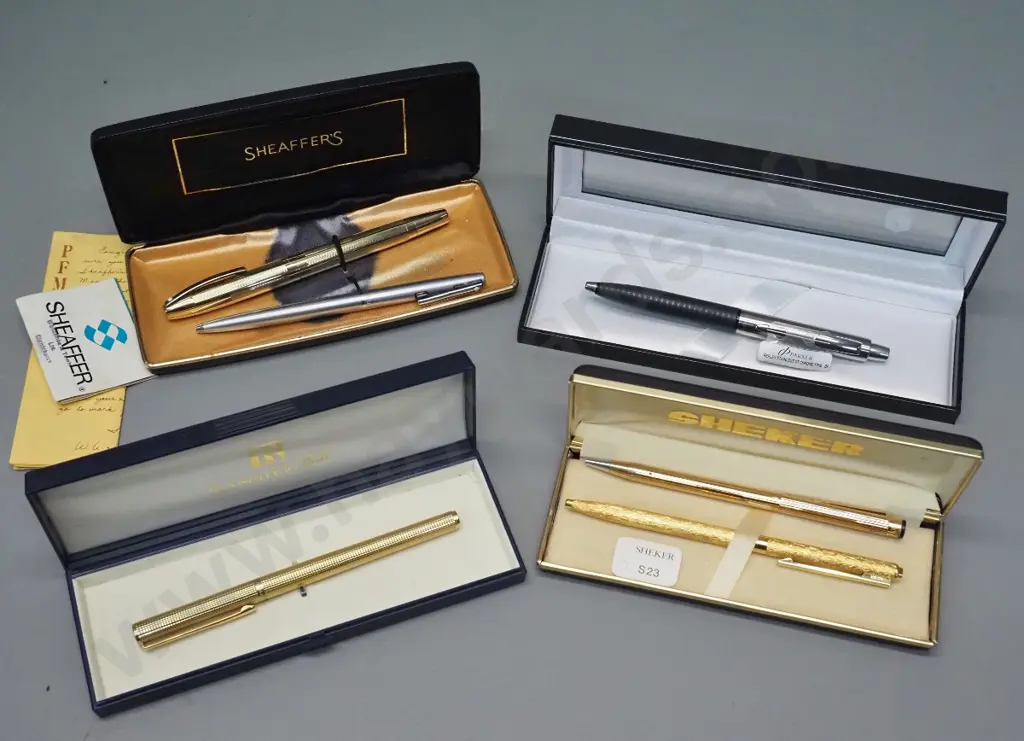 assorted cased ball point pens - Parker, Sheker, Shaeffer, Ronson - and a Shaeffer white dot gold plated fountain pen Image 1++