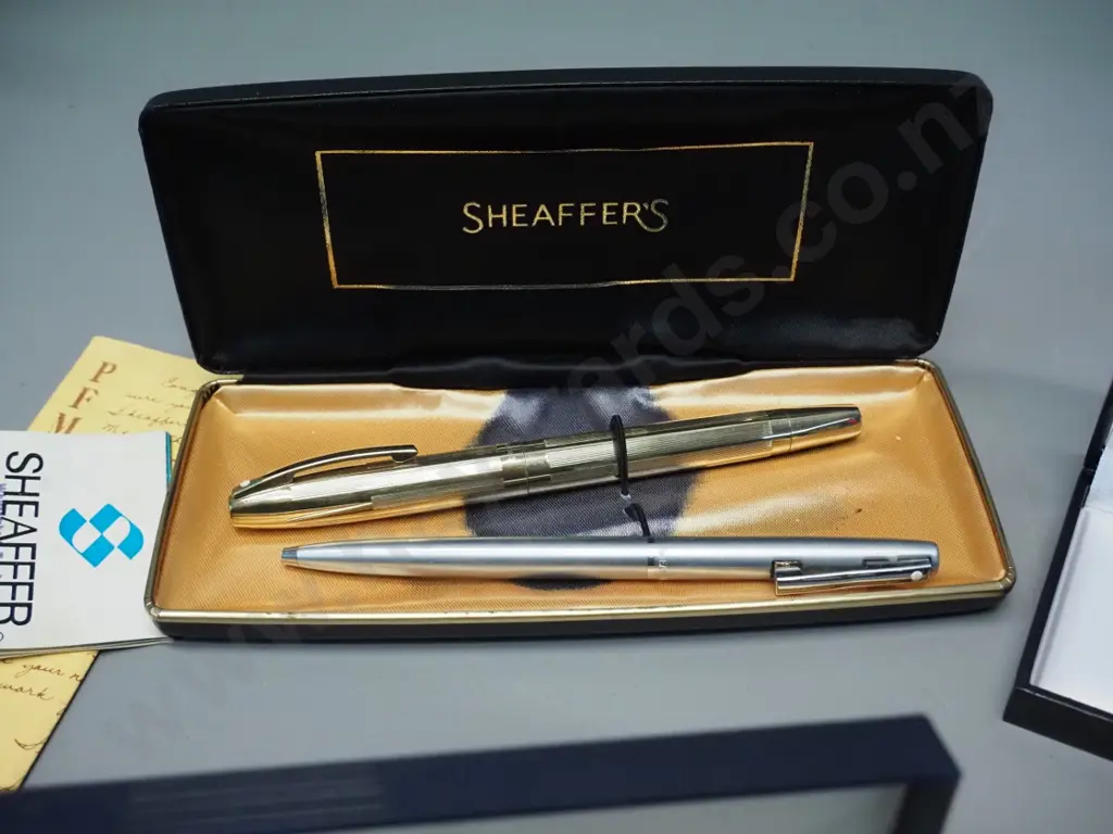 assorted cased ball point pens - Parker, Sheker, Shaeffer, Ronson - and a Shaeffer white dot gold plated fountain pen Image 1++