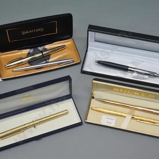 assorted cased ball point pens - Parker, Sheker, Shaeffer, Ronson - and a Shaeffer white dot gold plated fountain pen