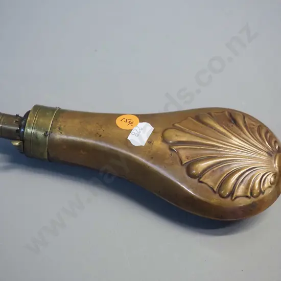 brass powder flask with relief pattern, no maker's marks L-185