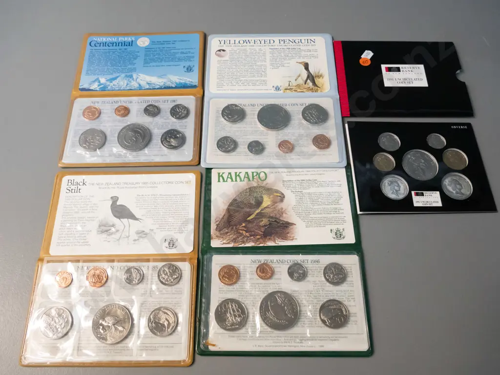 5 New Zealand uncirculated coin sets - 1985, 1986, 1987, 1988 and 1991 All Blacks set Image 1++