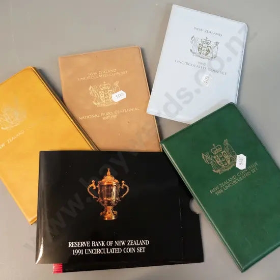 5 New Zealand uncirculated coin sets - 1985, 1986, 1987, 1988 and 1991 All Blacks set