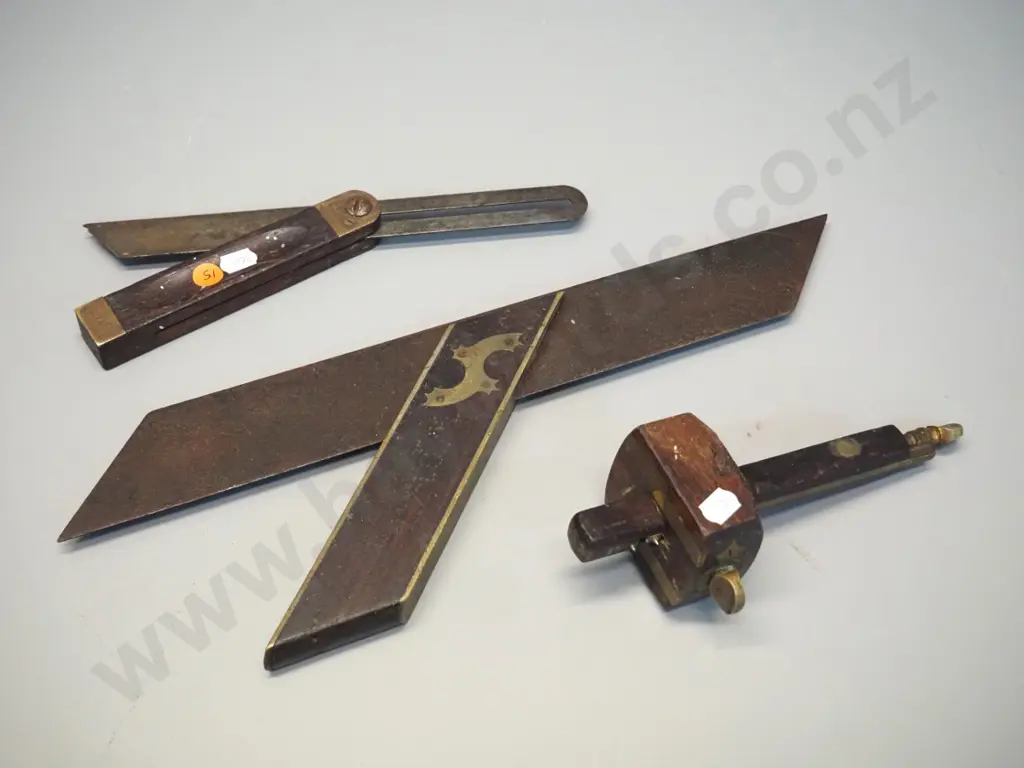 3 vintage timber and brass woodworking tools - mitre square L410, folding square, marker gauge marked "S.A. Moore" Image 1++