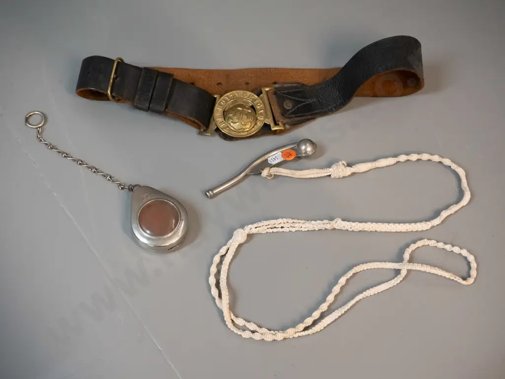 leather Boy's Brigade belt with brass buckle, an English bosun's whistle and lanyard and a small case w/plastic window Image 1++