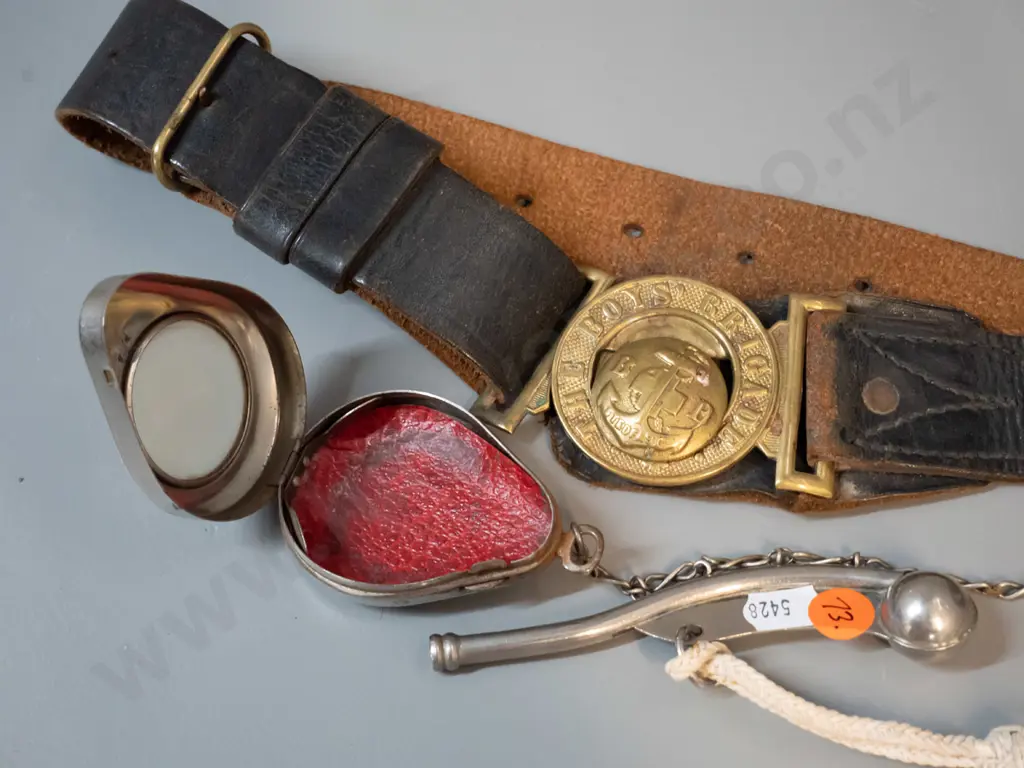 leather Boy's Brigade belt with brass buckle, an English bosun's whistle and lanyard and a small case w/plastic window Image 1++