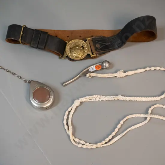 leather Boy's Brigade belt with brass buckle, an English bosun's whistle and lanyard and a small case w/plastic window