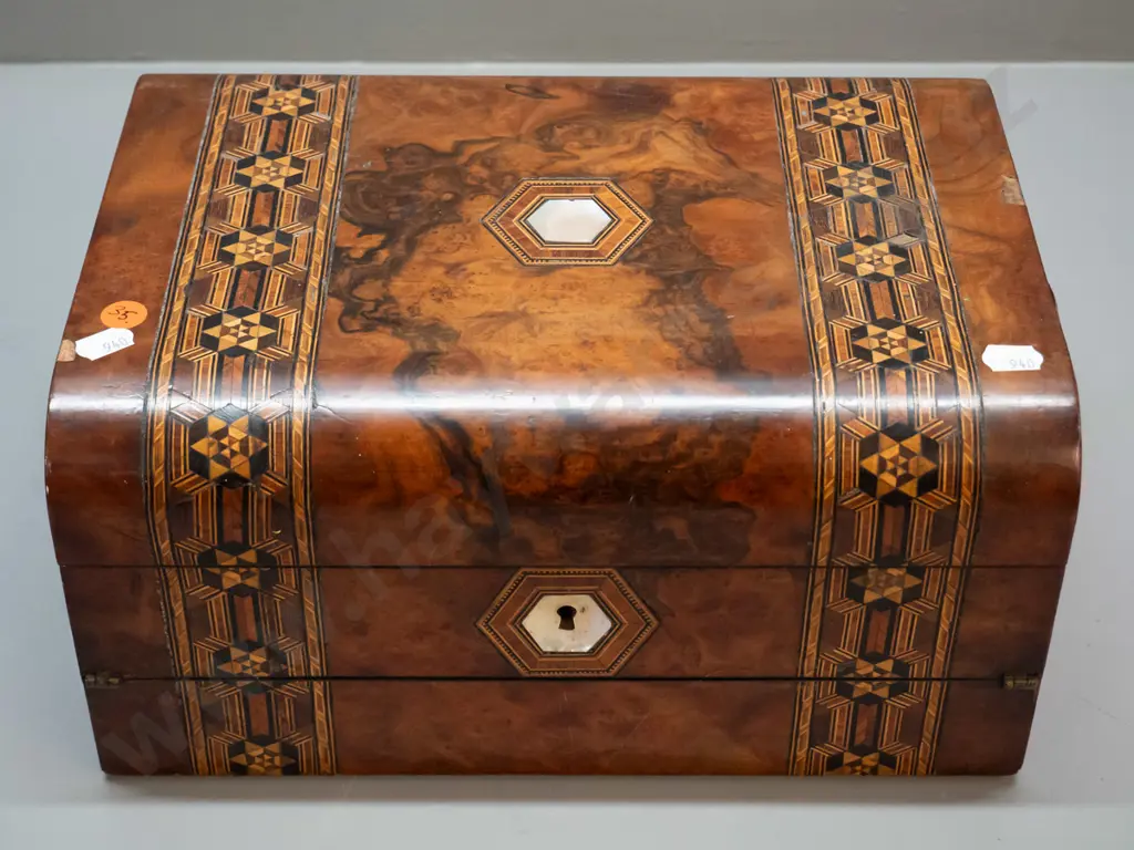 Victorian rosewood writing box with mother of pearl inset - some missing veneer, interior in restorer's condition Image 1++
