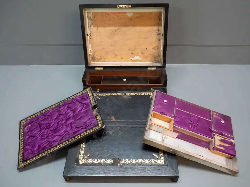 Victorian rosewood writing box with mother of pearl inset - some missing veneer, interior in restorer's condition Image 1++