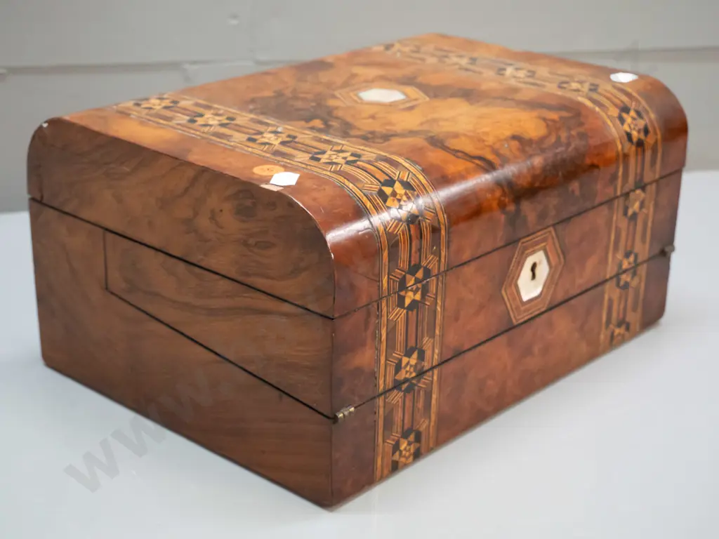 Victorian rosewood writing box with mother of pearl inset - some missing veneer, interior in restorer's condition Image 1++