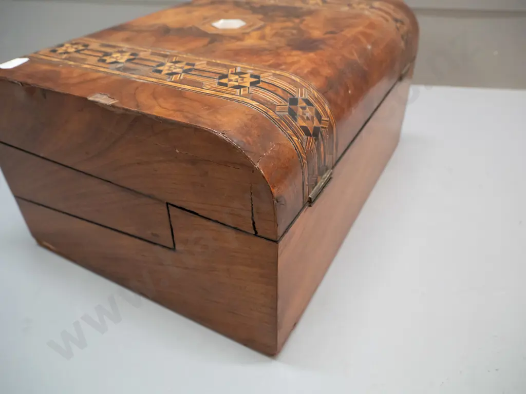 Victorian rosewood writing box with mother of pearl inset - some missing veneer, interior in restorer's condition Image 1++