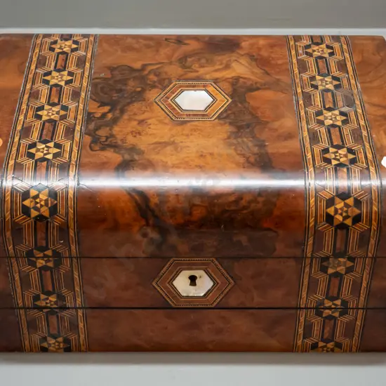 Victorian rosewood writing box with mother of pearl inset - some missing veneer, interior in restorer's condition
