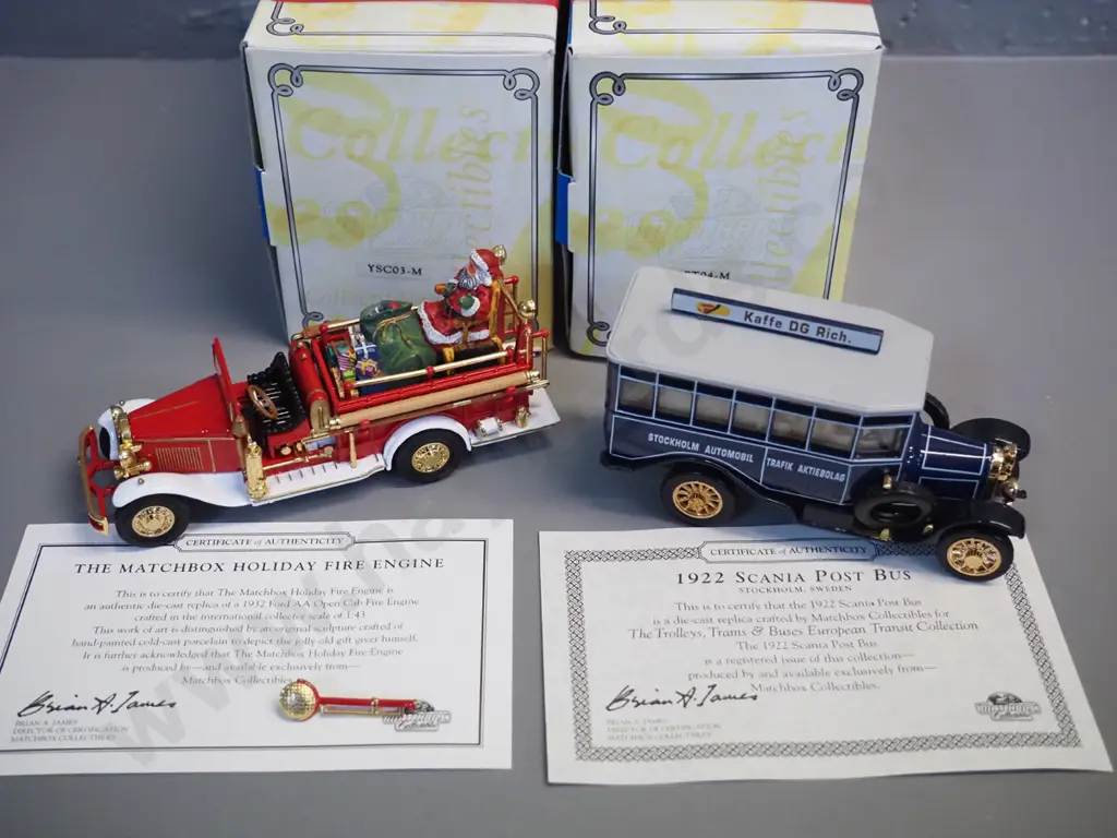 2 Matchbox Collectibles and 2 Models of Yesteryear die-cast vehicles w/original boxes: Santa Claus fire engine, post bus Image 1++