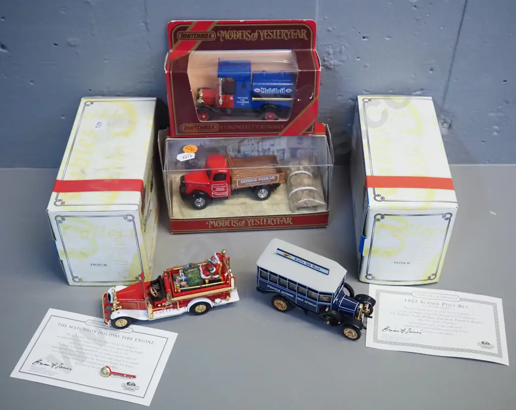 2 Matchbox Collectibles and 2 Models of Yesteryear die-cast vehicles w/original boxes: Santa Claus fire engine, post bus Image 1++