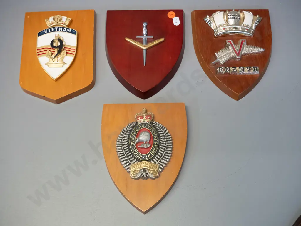 4 military crest timber wall plaques: Royal NZ Infantry, RNZNVR, Vietnam and "Strike Swiftly" - each H-170 W-140 Image 1++
