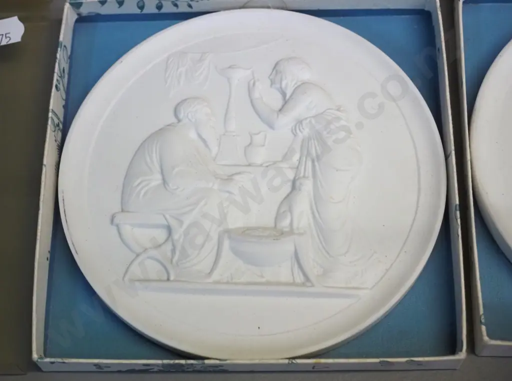 4 Royal Copenhagen bisque porcelain classical motif wall plaques D-140 - 3 with boxes Image 1++