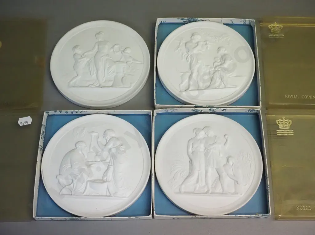 4 Royal Copenhagen bisque porcelain classical motif wall plaques D-140 - 3 with boxes Image 1++