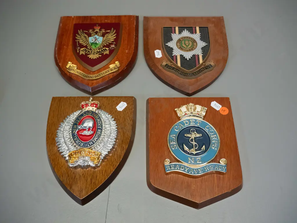 4 military crest timber wall plaques: RNZ Infantry, NZC Cadet Corp, Cheshire Regiment, 49th "Inkerman" largest H180 W155 Image 1++