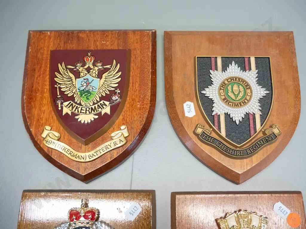 4 military crest timber wall plaques: RNZ Infantry, NZC Cadet Corp, Cheshire Regiment, 49th "Inkerman" largest H180 W155 Image 1++
