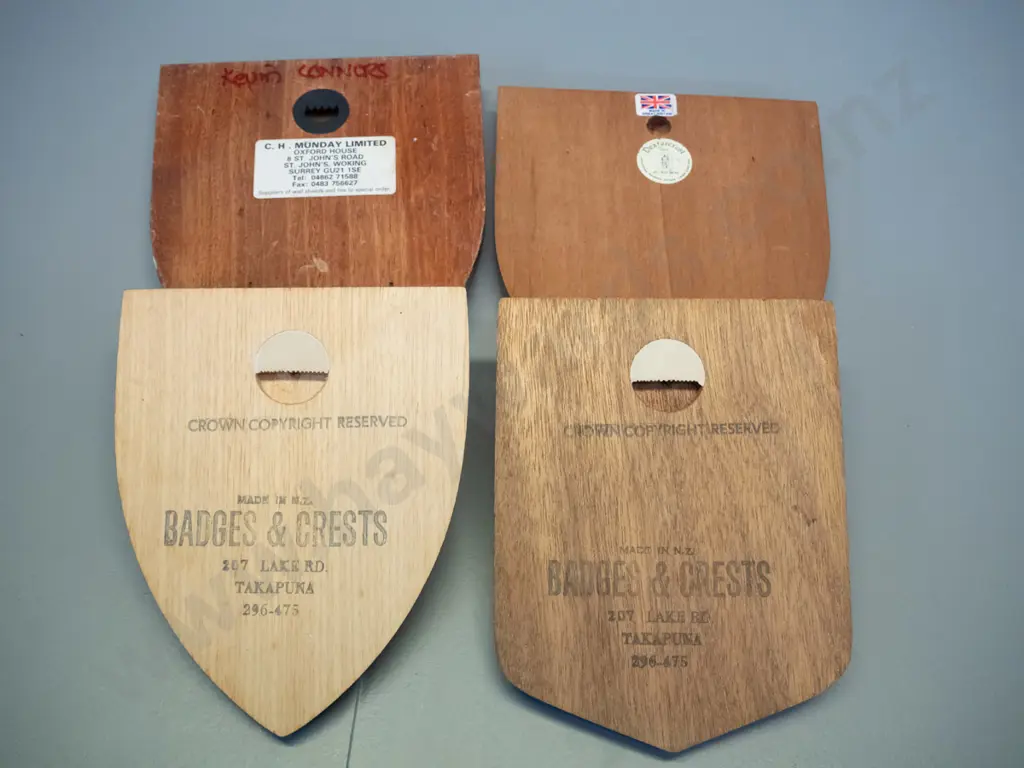 4 military crest timber wall plaques: RNZ Infantry, NZC Cadet Corp, Cheshire Regiment, 49th "Inkerman" largest H180 W155 Image 1++