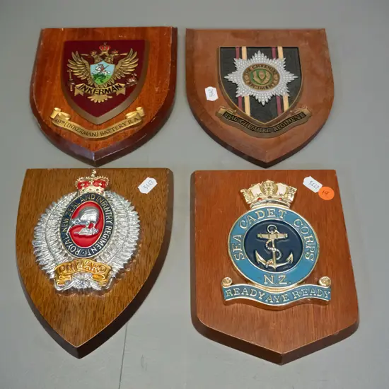 4 military crest timber wall plaques: RNZ Infantry, NZC Cadet Corp, Cheshire Regiment, 49th "Inkerman" largest H180 W155