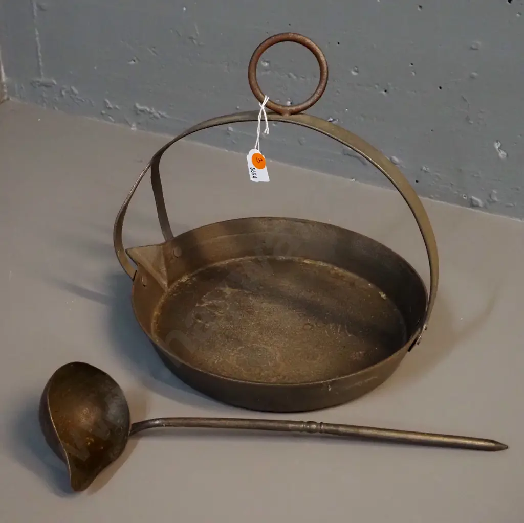 vintage cast iron frying pan with over-handle and hanging loop and a ladle H-300 Pan D-250 Ladle L-330 Image 1++