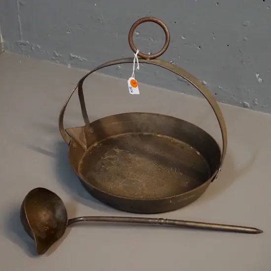 vintage cast iron frying pan with over-handle and hanging loop and a ladle H-300 Pan D-250 Ladle L-330