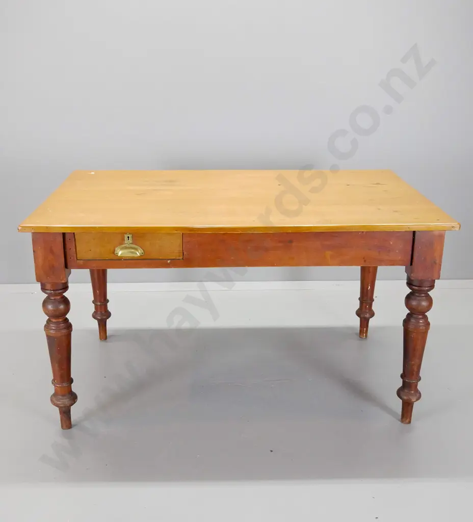 colonial kauri kitchen / dining table with drawer w/brass cup handle. Historic borer holes, other drilled holes in top, Image 1++
