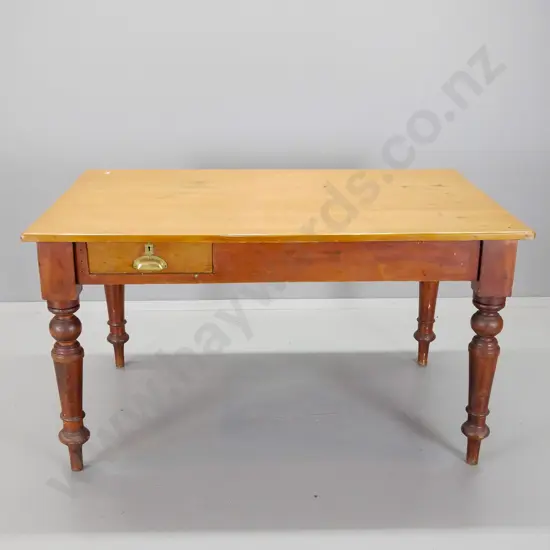 colonial kauri kitchen / dining table with drawer w/brass cup handle. Historic borer holes, other drilled holes in top,