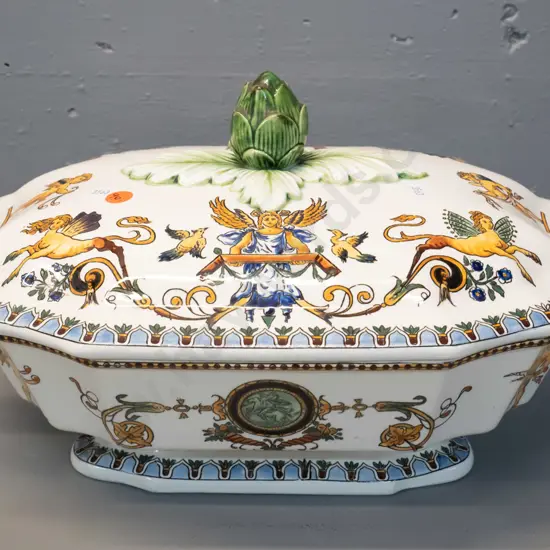 "Gien" French lidded soup tureen with majolica style handles H-210 L-370